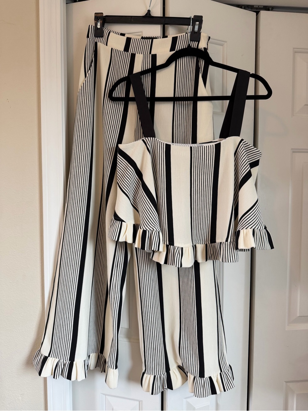 Sugar Lips black and cream striped ruffled pants and matching top